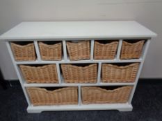 A contemporary wicker drawer chest.
