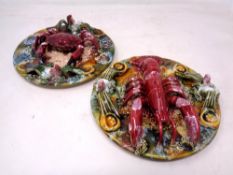 Two Majolica dishes, crab and lobster.