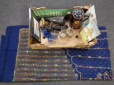 A box of contemporary tin signs, painted barge ware teapot, wall sconce, glass ware,