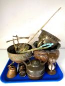 A tray containing antique and later metal wares including a 19th century copper planter, kettle,