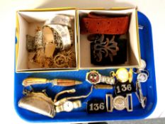 A tray containing assorted belts, contemporary pocket watches, wristwatches, pocket knife,