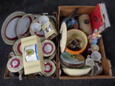 Two crates containing Ringtons commemorative china (boxed), Japanese dinner service, stoneware,