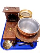 A tray of antique copper bowl, clock case, Maltese cigarette box,