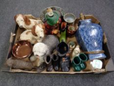 A box of assorted ornaments, boot vases, copper lustre bowl,
