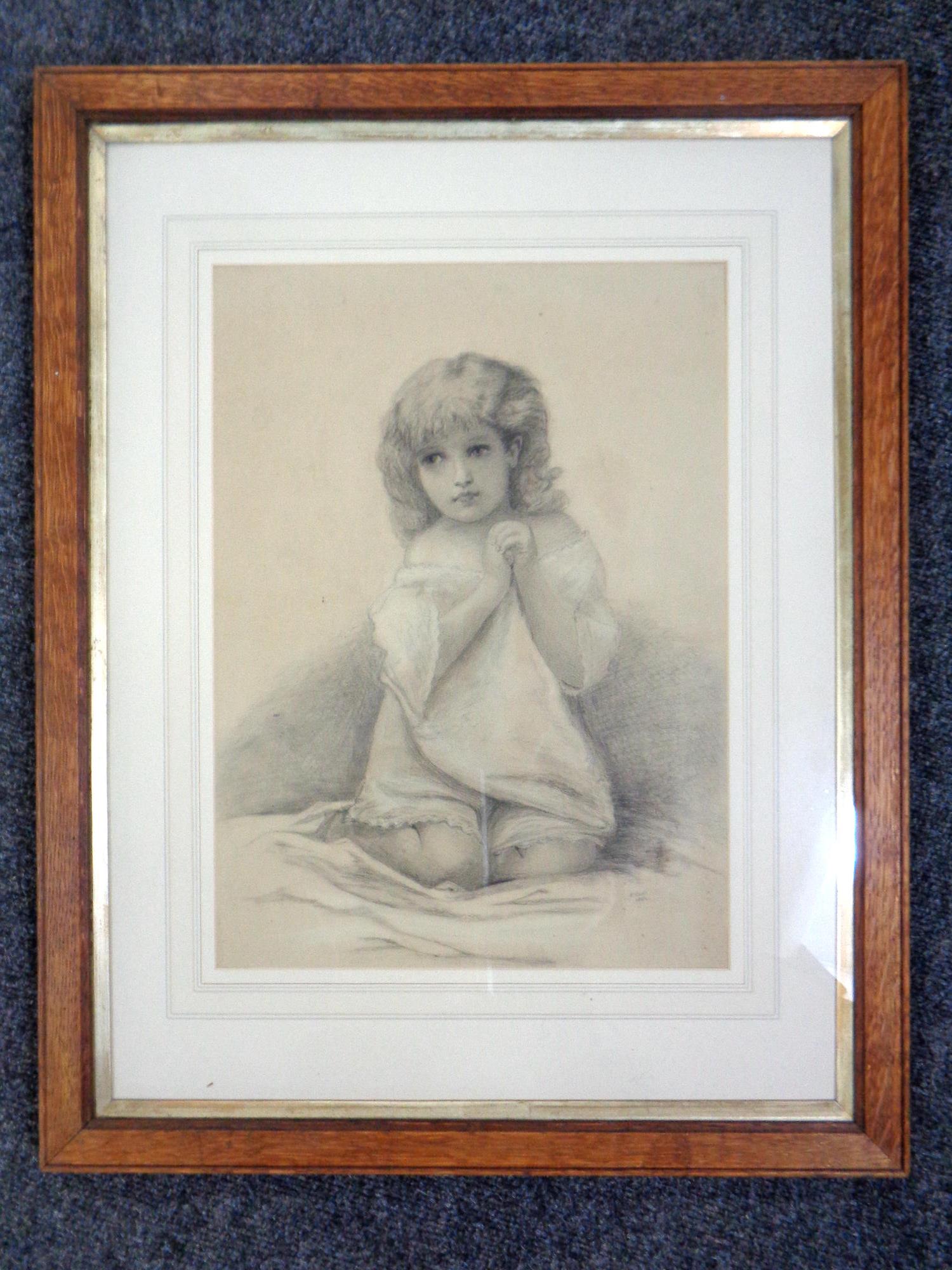 C Hunt : Pencil drawing of a girl, dated 1892, in oak frame and mount.