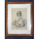 C Hunt : Pencil drawing of a girl, dated 1892, in oak frame and mount.