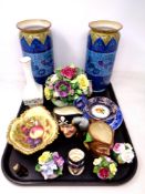 A tray containing a pair of Burleigh Ware Art Deco vases, china floral posies,