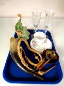 A tray containing Royal Doulton figure, Grace HN2318, a cow horn hunting horn,