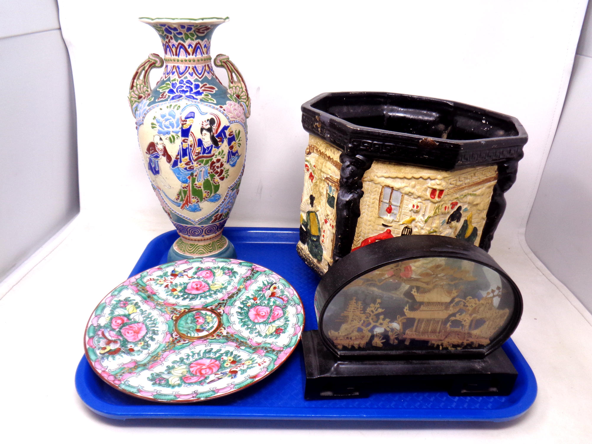 A tray containing a 19th century Cyples pottery oriental style planter together with a Japanese