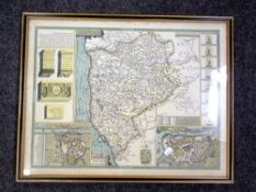 A colour map, Northumberland in the times of the Norman conquest, in a black and gilt frame.