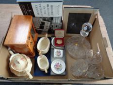 A box containing lead crystal ships decanter and vases, jewellery cabinet,