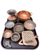 A tray containing antique and later copper ware including Indian bowls, lidded dish, a vase,