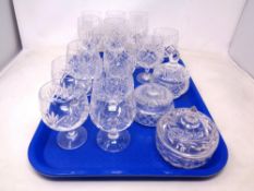 A tray containing assorted lead crystal drinking glasses together with three further cut glass