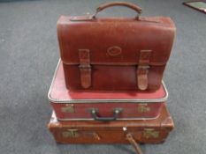 A Bank leather satchel together with a further vintage luggage case and leather luggage case