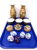 A tray containing five hand painted ceramic eggs together with Japanese finger bowls, lidded pots,