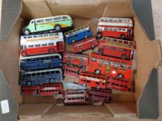 A crate containing Dinky, Corgi and Lesney busses and coaches.