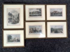 A set of six antiquarian colour etchings, scenes of Chester, in Hogarth frames.