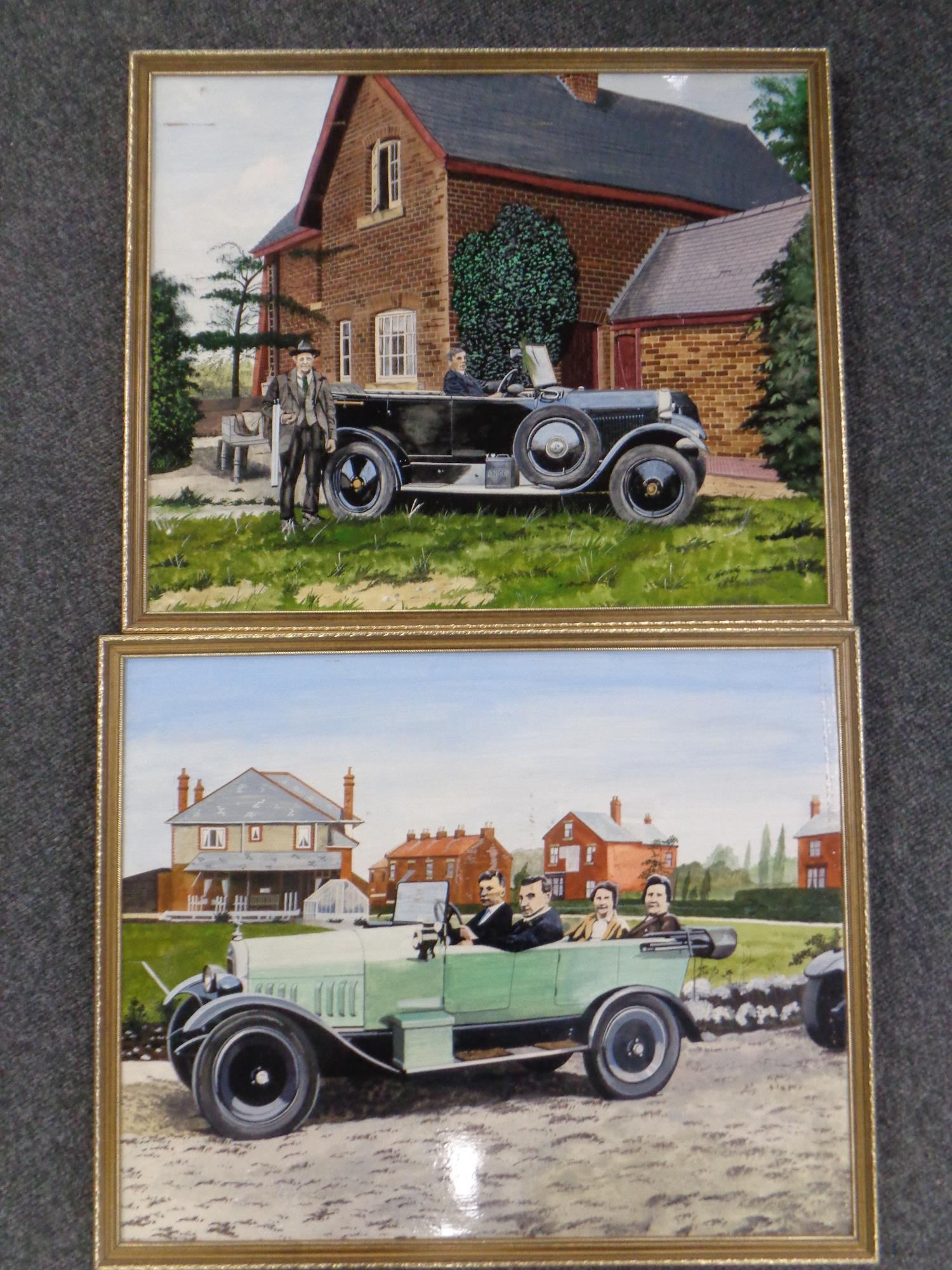 Two paintings by K. Hudson : Figures in classic cars, oil-on-board.
