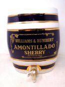 A china lidded sherry barrel with tap. Amontillado sherry produce of Spain.