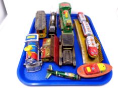 A tray of tin plated vehicles including trains, classic car,