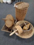 A quantity of assorted wicker baskets, laundry basket and bowl.