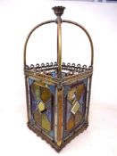 An antique brass and leaded glass pendant light shade (af)