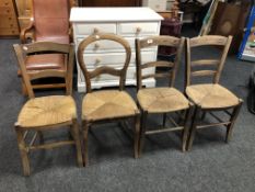 Four antique rush seated farmhouse chairs (various).