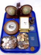 A tray of battery operated carriage clock, assorted coins, decimal coins, barometer,