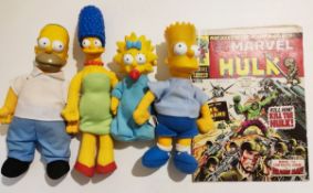 Vintage 1st season 1990 Simpsons Acme dolls, vintage Hulk comic, Corgi 1979 Supermobiles,