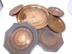 Six assorted antique copper trays.
