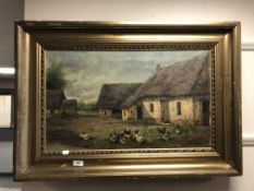 D Wingard : Chickens by a thatched cottage, oil-on-canvas, framed, 66cm x 39cm.