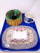 A tray of jasper ware mug, majolica style stand, Yardley soap dish,