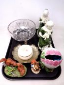 A tray containing Continental figures, silver plated shell dish, Hummel figure,