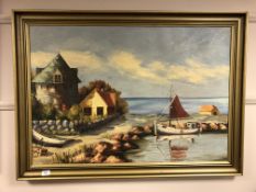 Continental School : A boat moored by a cottage, oil on canvas, 95 cm x 65 cm.