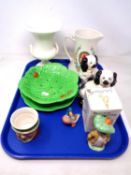 A tray containing a Beswick twin handle pottery vase, Beswick leaf dishes,