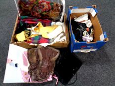 Two boxes containing vintage leather and fur gloves, cased slipper and bed set, assorted linens,