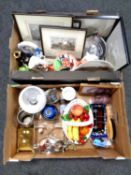 Two boxes containing miscellaneous ceramics framed colour etchings, tapestries etc.