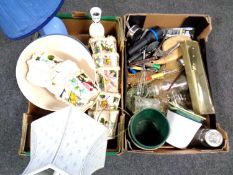 Two boxes containing vintage light shades, table lamps with shades, kitchenalia etc.