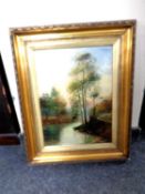 A W. J. Scott : River through trees, oil-on-board, dated 1893, in gilt frame.