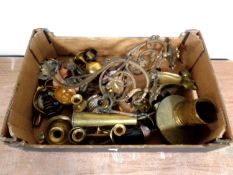 A box containing antique and later metal wares including Art Nouveau wall sconces, goblets,