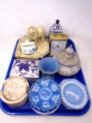 A tray containing Wedgwood Jasperware, china trinket pot, a battery operated carriage clock,