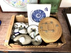 A box containing wicker cased Chinese tea ware, Thomas the Tank Engine Wedgwood nursery china,