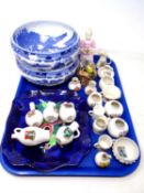A tray containing assorted ceramics including a pair of Maling willow pattern bowls together with a