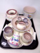 A tray of Poole pottery including vases, pots, serving platter etc.