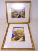 Two Bracha Lavee signed prints, Jerusalem of Gold and Israel and Zion in gilt frames and mounts.