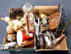Two boxes containing assorted animal ornaments, glass spirit bottles, angle poise lamp etc.