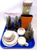 A tray of three Dartmouth Devon pottery figures of roosters, Sylvac vase, Kingston pottery vase etc.