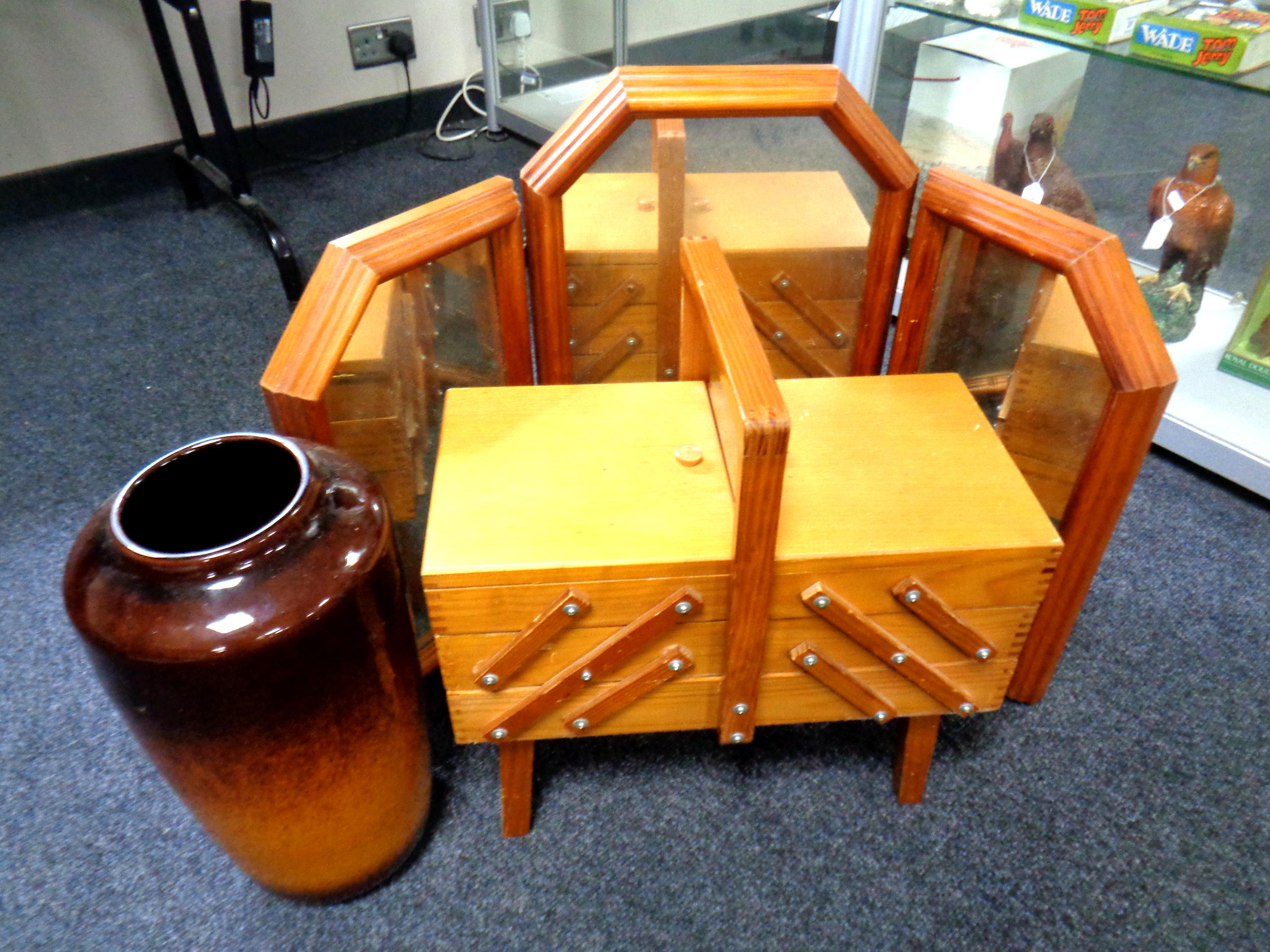 A concertina sewing box together with a pine triple dressing table mirror and West German vase.