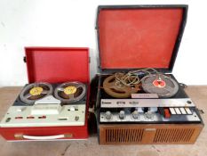 Two vintage reel-to-reel players in cases by BSR Sound Riviera and Ultra.