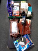 Two boxes containing assorted electricals including a health lamp, a fondue set,